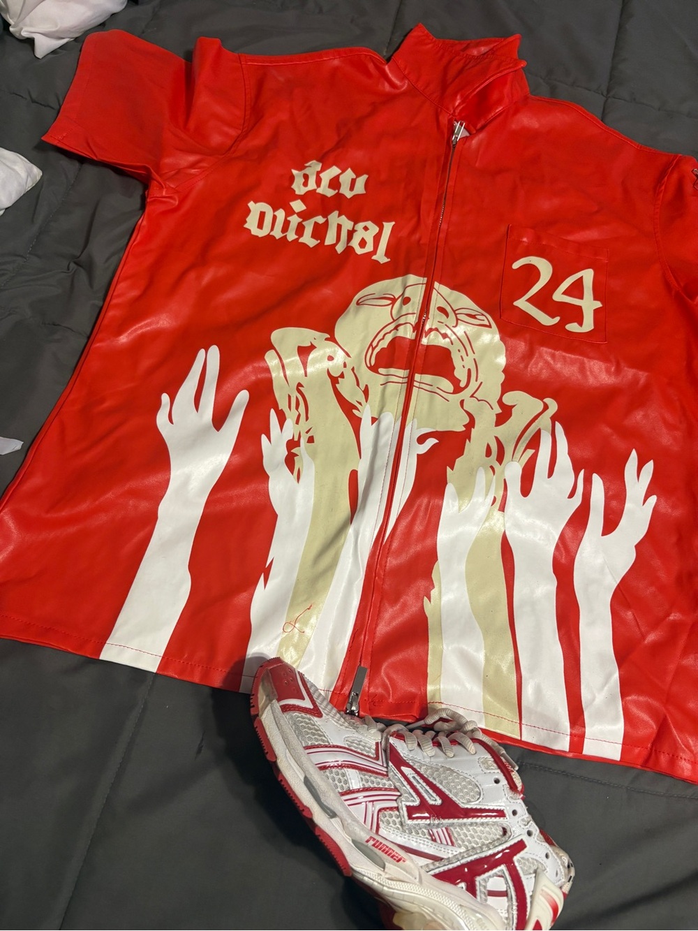 Red Graphic Zip-Up Shirt with White & Gold Hands Design